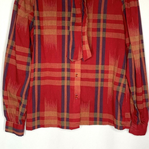 Vintage Cheenos Womens Blouse Shirt Size Medium Red Plaid Neck Bow Button Up - Picture 3 of 9